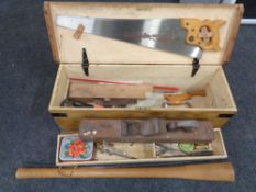 A joiner's tool box containing small quantity of hand tools, wood block planes, metal rule,