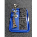 A tray containing two cast metal figures, Flower Fairies,