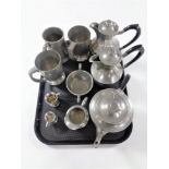 A tray containing antique and later pewter to include James Dickson Cornish pewter tea ware,