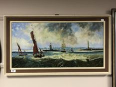 J. Hudspeth : Old Harbour Entrance, oil on board, 79 cm x 39 cm, framed.