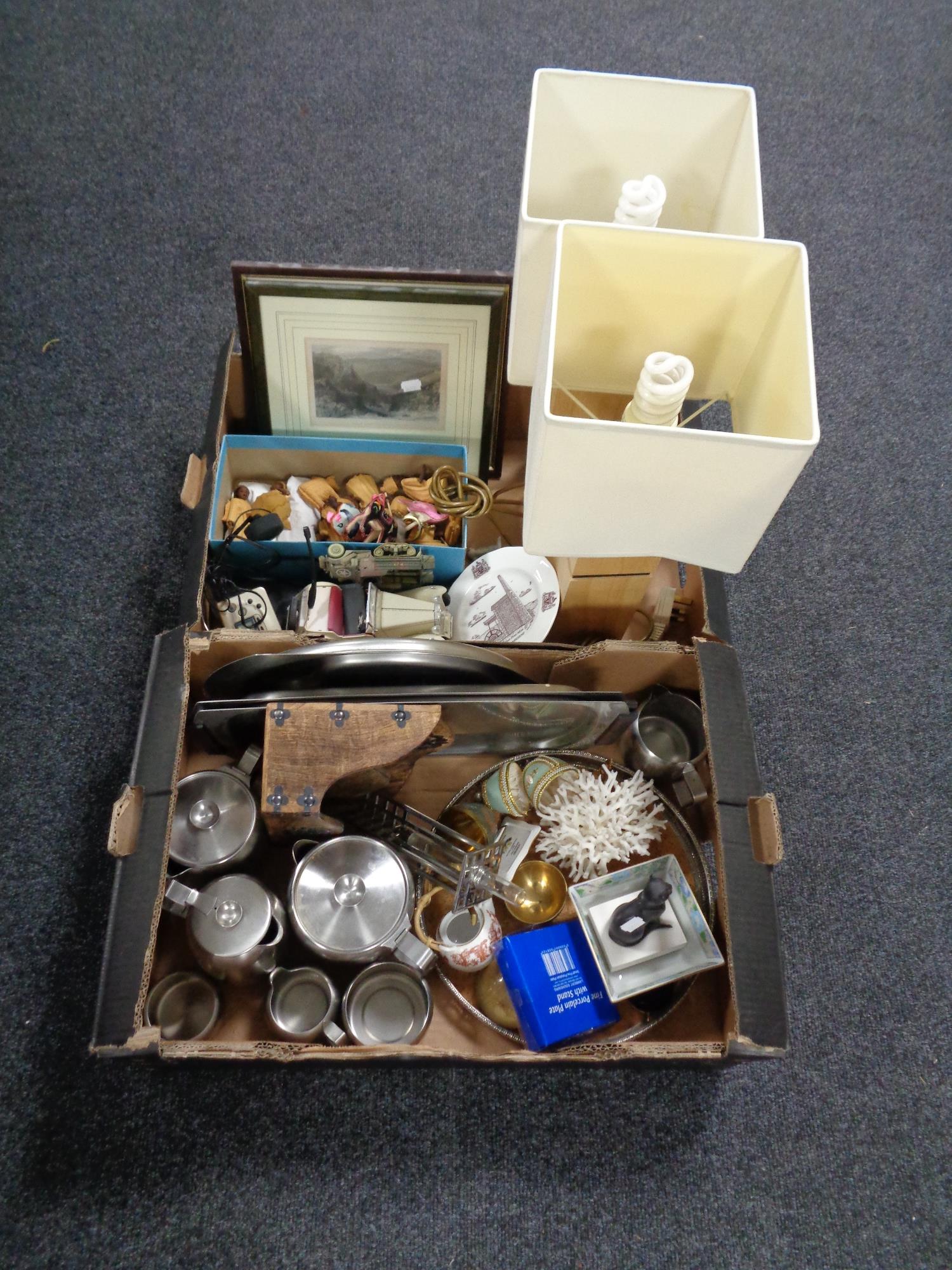 Two boxes containing miscellaneous to include stainless steel tea ware, wooden letter rack,
