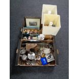 Two boxes containing miscellaneous to include stainless steel tea ware, wooden letter rack,