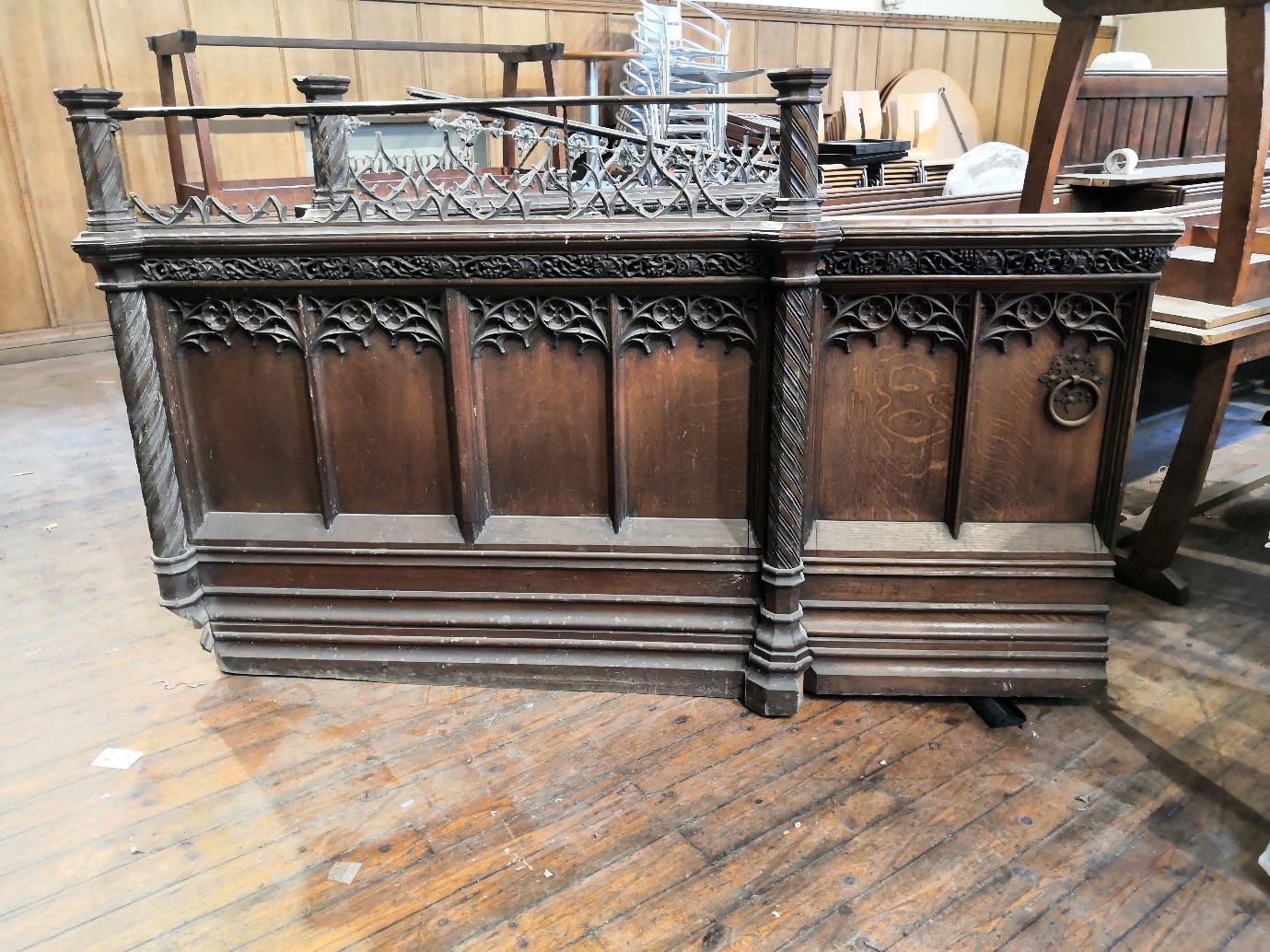 A two section end panel in Gothic revival carved oak, height 102 cm to the rail, - Image 3 of 4