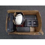 A box of assorted electricals to include Osaki CD player, fan heater,