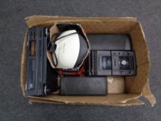 A box of assorted electricals to include Osaki CD player, fan heater,