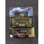 A tray of two Burago 1:18 scale vehicles - Mini and Jaguar,