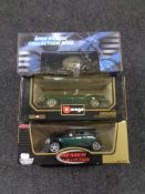 A tray of two Burago 1:18 scale vehicles - Mini and Jaguar,