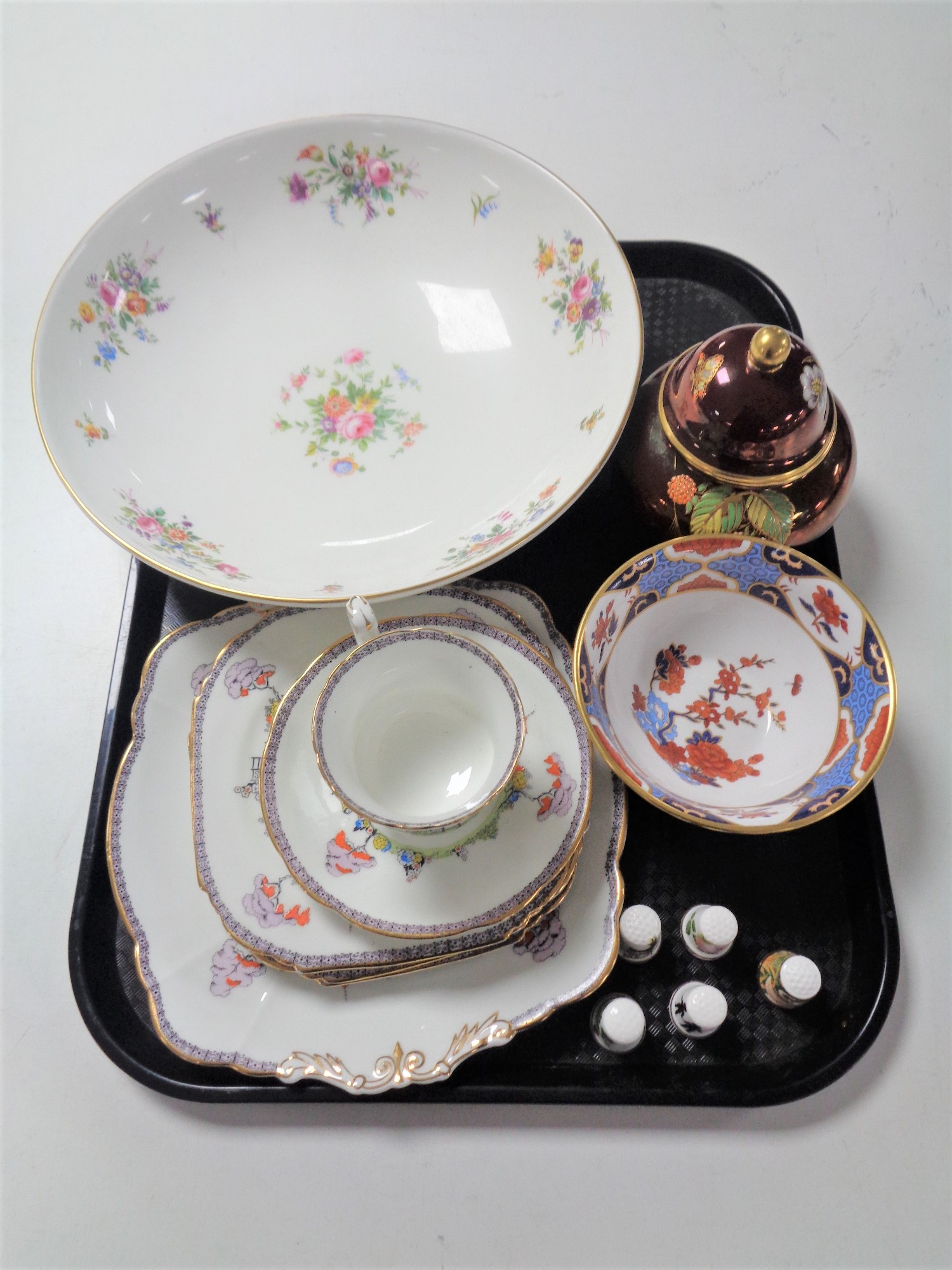 A tray containing a Minton Marlow bowl, a Carlton ware Rouge Royale lidded pot,