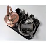 A tray of antique metal wares, 19th century brass and copper kettle,