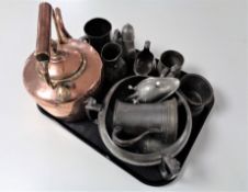 A tray of antique metal wares, 19th century brass and copper kettle,