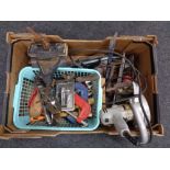 A box of assorted vintage hand tools, Stanley wood planes, G-clamps,