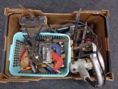A box of assorted vintage hand tools, Stanley wood planes, G-clamps,