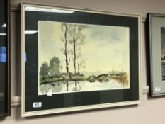 Muriel Allsop : Cattle by a lake, watercolour, 50 cm x 33 cm, framed.