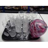 A tray of assorted glass ware to include lead crystal wine and champagne glasses,