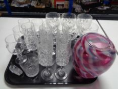 A tray of assorted glass ware to include lead crystal wine and champagne glasses,