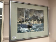 20th century school : A fishing boat off a headland, watercolour, 41 cm x 32 cm, signed Bain,