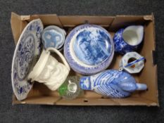 A box containing miscellaneous china to include blue and white willow pattern plates,