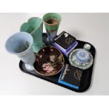 A tray containing assorted china to include Wedgwood and Shelley vases,