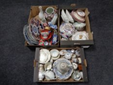 Three boxes of china, Chinese and Japanese style china, Imari wall plates, English tea china,