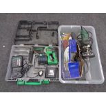 A box of power tools, Nutool belt sander, Bosch router, cased router pieces,