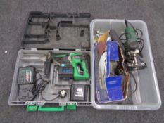 A box of power tools, Nutool belt sander, Bosch router, cased router pieces,