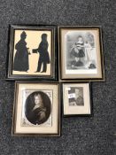 Three framed antique black and white engravings together with a further framed silhouette