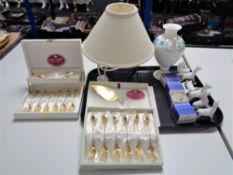 A tray of Royal Albert Old Country Roses boxed tea spoons, Denby lamp,