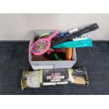 A box of sporting equipment set, rackets,