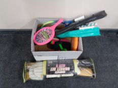 A box of sporting equipment set, rackets,