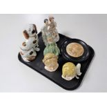 A tray containing antique and later china to include Staffordshire style figure and dog,