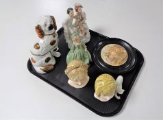 A tray containing antique and later china to include Staffordshire style figure and dog,
