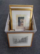 A box containing assorted framed pictures to include a Walter Holmes signed print (Tall Ship on the