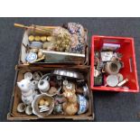 Two boxes and a crate of miscellania to include footstool, china, cat ornaments,