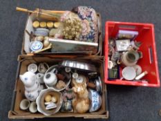 Two boxes and a crate of miscellania to include footstool, china, cat ornaments,