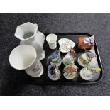 A tray containing assorted china to include six flower encrusted bird and butterfly decorated bells,