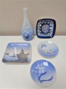 Five pieces of Danish Royal Copenhagen and Bing & Grondahl china, Faiance dish, bud vase,