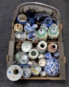 Two boxes of Oriental wares, vases, rice bowls and spoons,