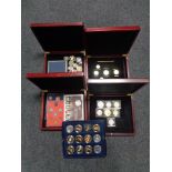 Five boxes containing a collection of British proof coins, commemorative coins, Royal Family,