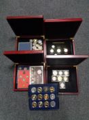 Five boxes containing a collection of British proof coins, commemorative coins, Royal Family,