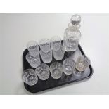 A tray containing cut glass lead crystal decanter together with eleven whisky glasses.