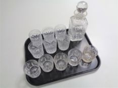 A tray containing cut glass lead crystal decanter together with eleven whisky glasses.