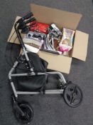 A folding disability walking aid together with a box of miscellania to include ceramic post box