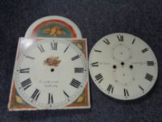 Two Georgian painted longcase clock faces.