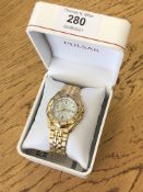 A gent's gold plated Pulsar chronograph quartz wristwatch in box