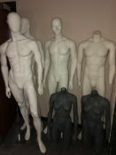 Four male shop mannequins with two stands (incomplete),