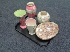 A tray containing five pieces of Maling to include brown chintz bowl, peony rose vase etc.