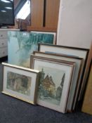 A quantity of assorted framed prints to include Russell Flint, a J E Hawley watercolour,