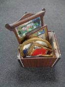 A box containing tapestry tray together with an Edwardian oak framed mirror and three further