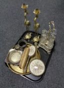 A tray containing Petite Point dressing table brushes and mirror, a plated and glass cruet set,