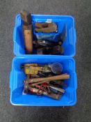 Two boxes containing vintage woodworking planes, Stanley plane, hammers and hand tools.